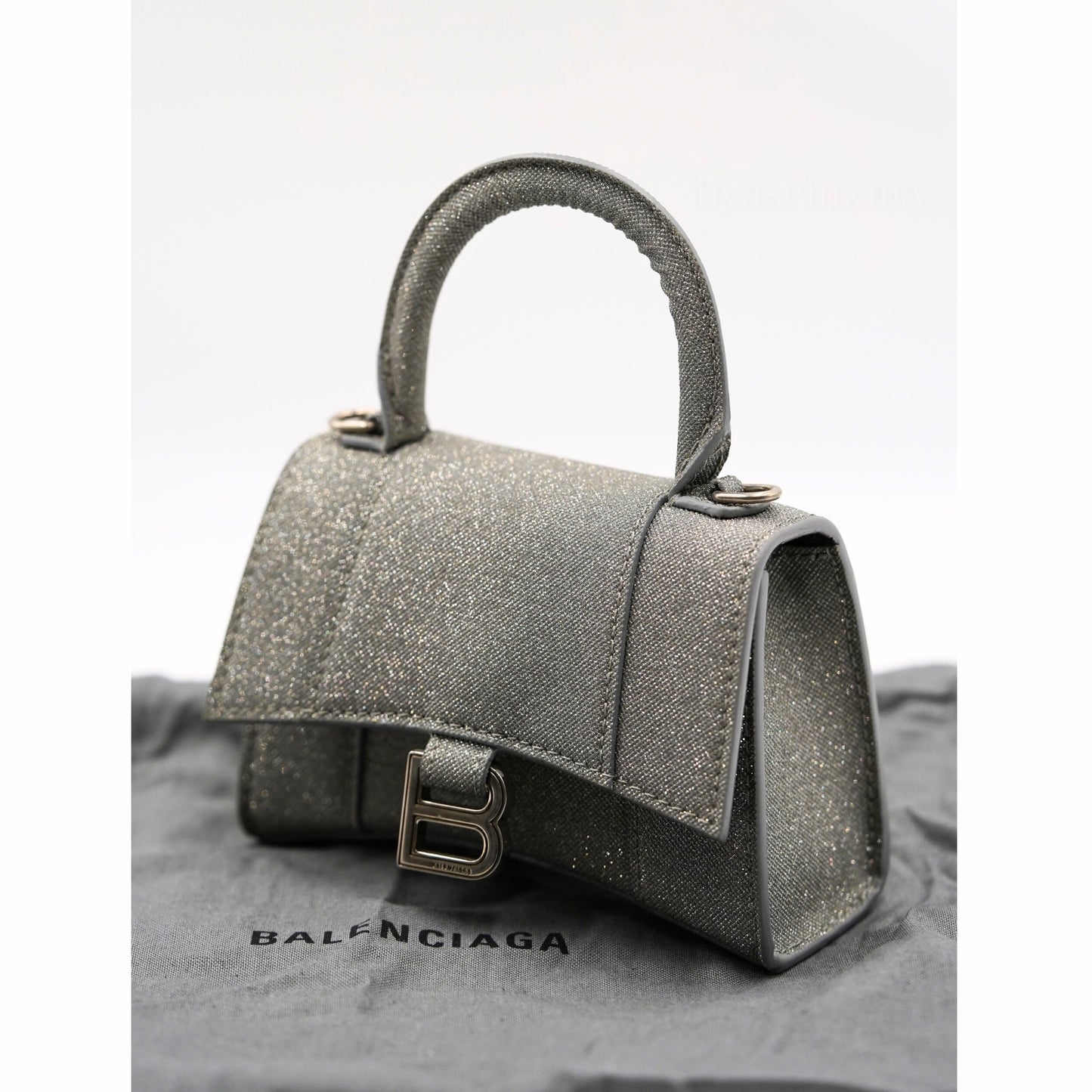 Balenciaga Hourglass Mini Çanta – Gri Simli Kumaş