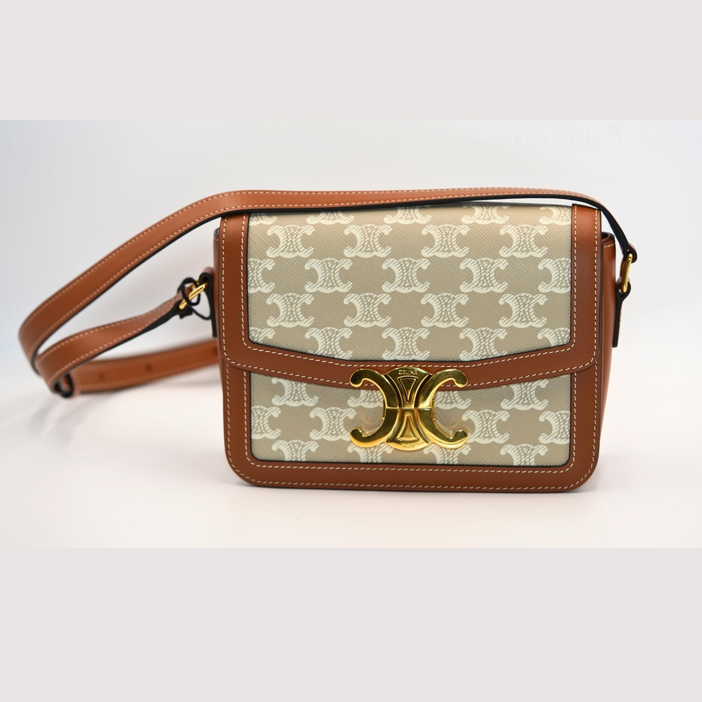 Celine Triomphe Kanvas Deri Omuz Çantası – Bej, Kahverengi