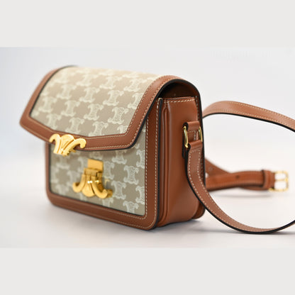 Celine Triomphe Kanvas Deri Omuz Çantası – Bej, Kahverengi