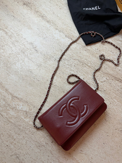 Chanel Wallet on Chain WOC Bordo Deri Zincir Askılı Çanta