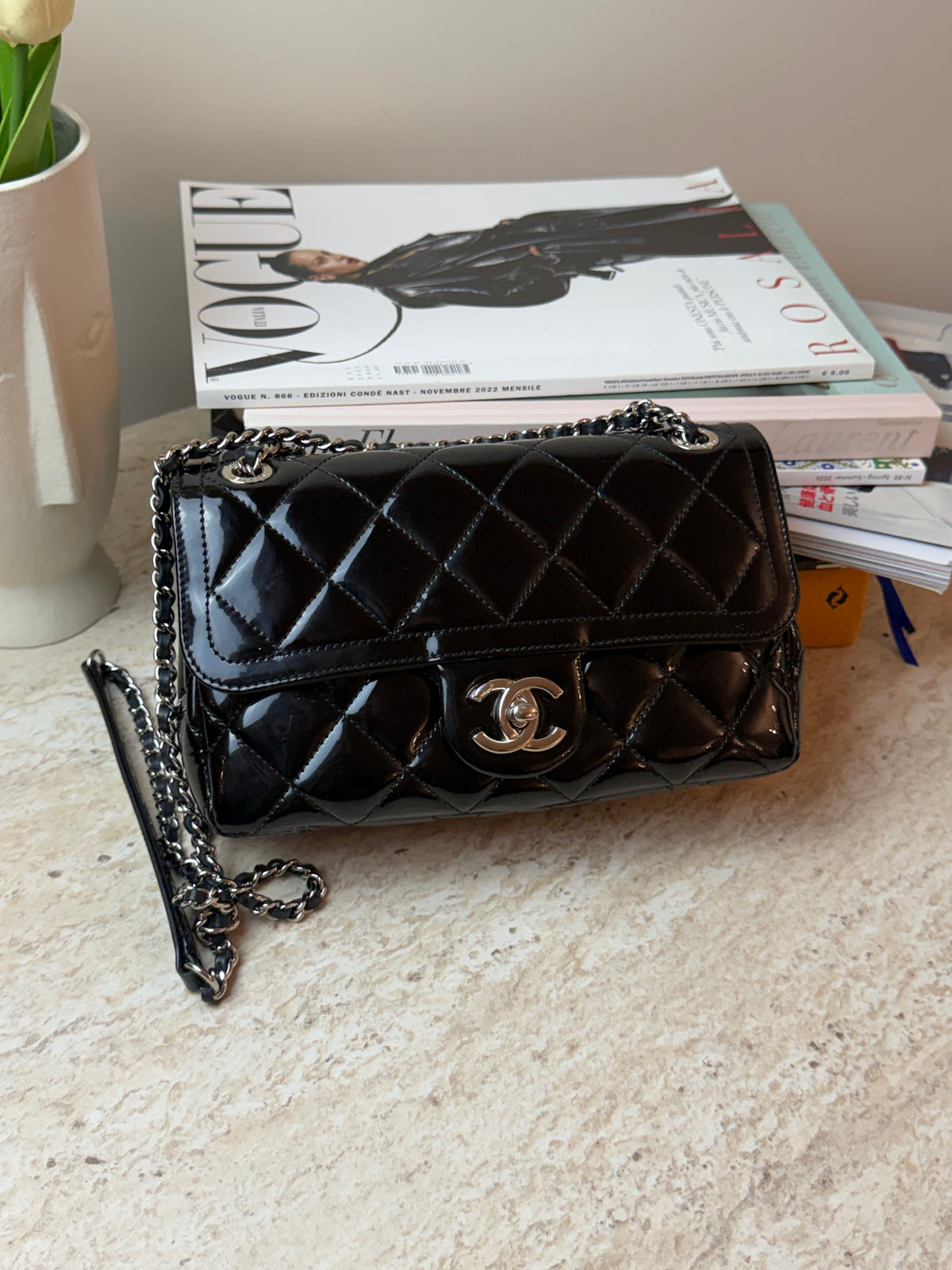 Chanel Mini Flap Siyah Rugan Zincir Askılı Çanta