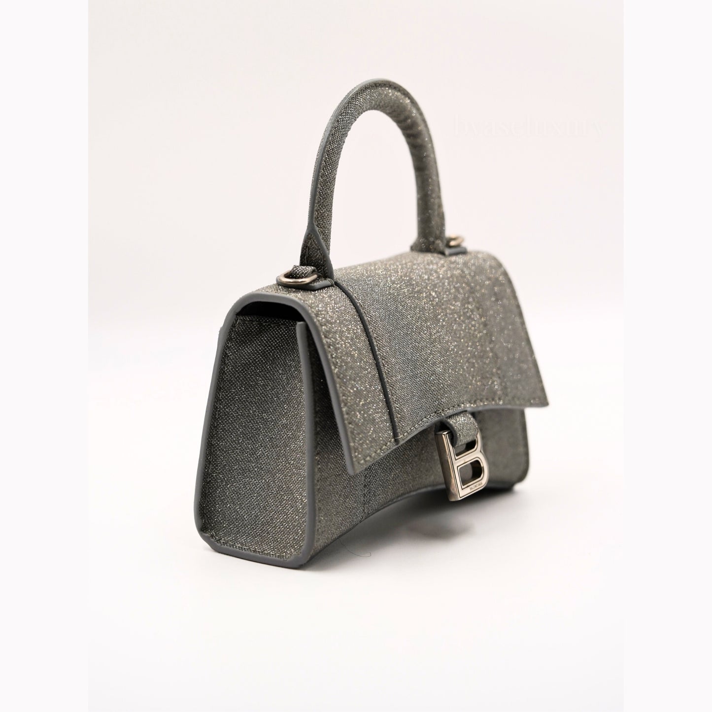 Balenciaga Hourglass Mini Çanta – Gri Simli Kumaş