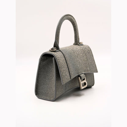 Balenciaga Hourglass Mini Çanta – Gri Simli Kumaş