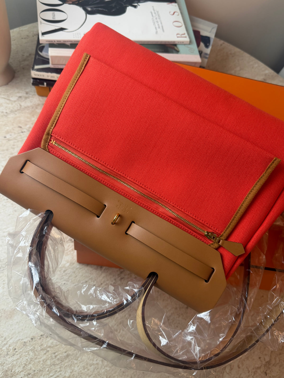 Hermès Herbag 31 Turuncu Kanvas & Kahverengi Deri Çanta