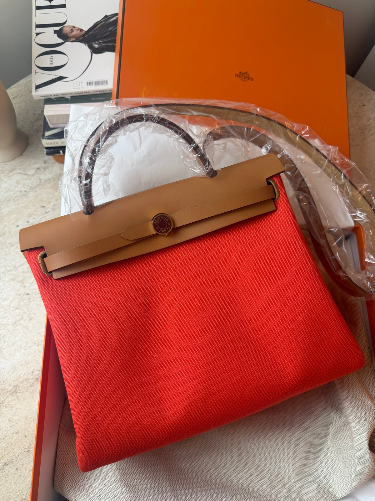 Hermès Herbag 31 Turuncu Kanvas & Kahverengi Deri Çanta