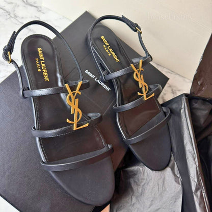 Saint Laurent YSL Logo Detaylı Siyah Deri Sandalet - 40 Numara