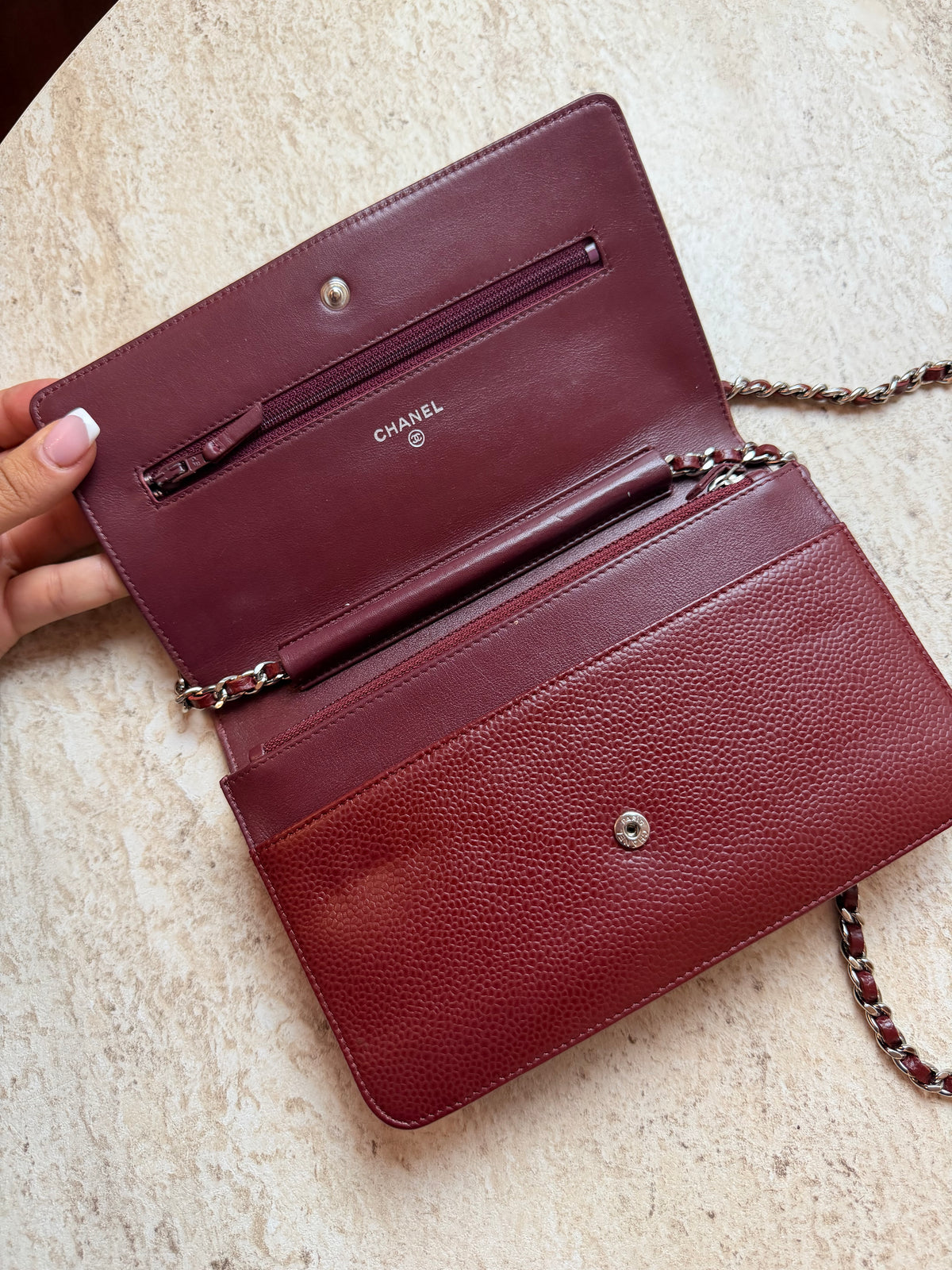 Chanel Wallet on Chain WOC Bordo Deri Zincir Askılı Çanta