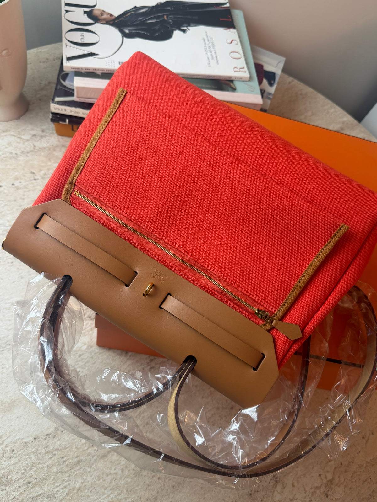 Hermès Herbag 31 Turuncu Kanvas & Kahverengi Deri Çanta