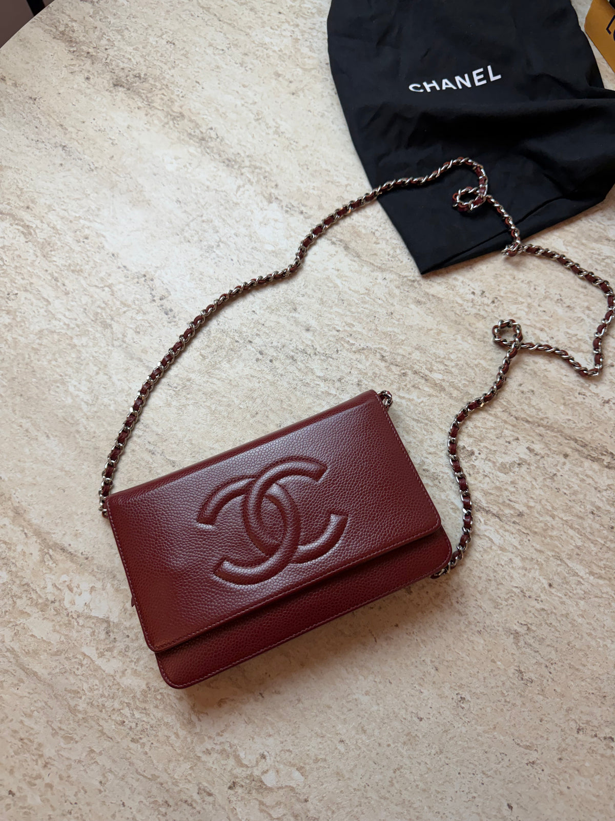 Chanel Wallet on Chain WOC Bordo Deri Zincir Askılı Çanta