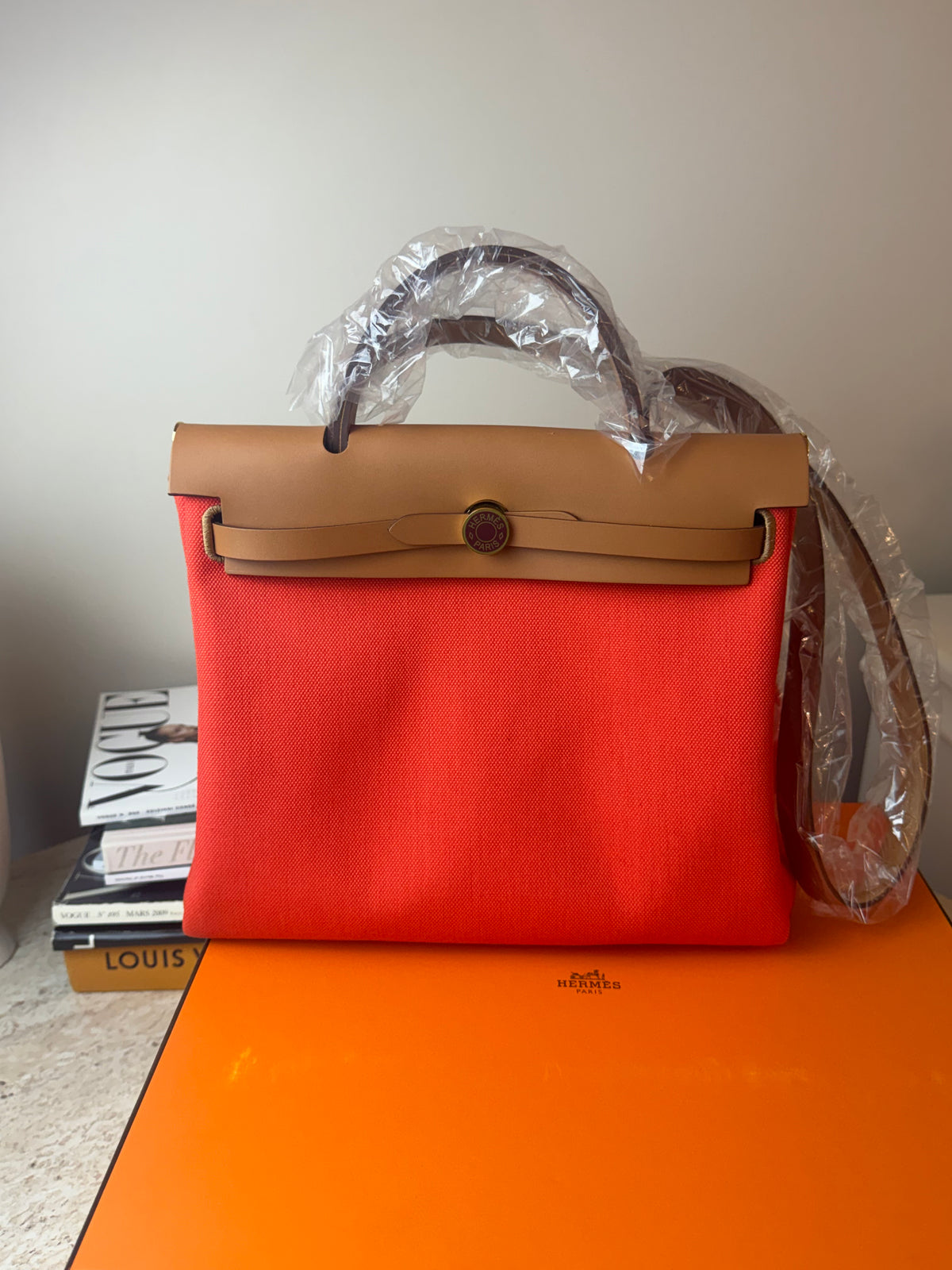 Hermès Herbag 31 Turuncu Kanvas & Kahverengi Deri Çanta