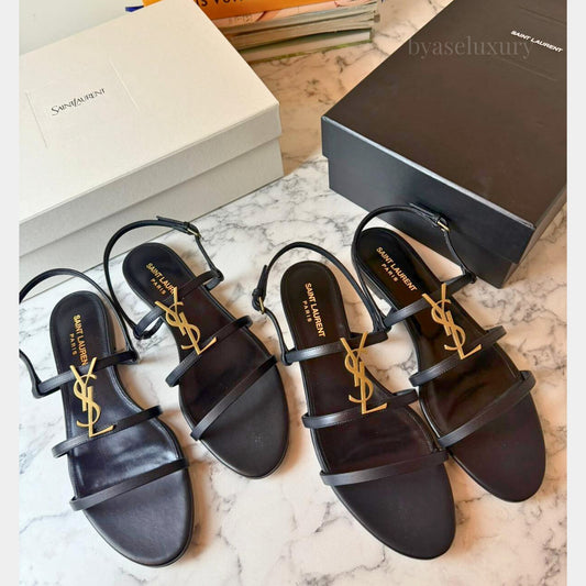 Saint Laurent YSL Logo Detaylı Siyah Deri Sandalet - 40 Numara