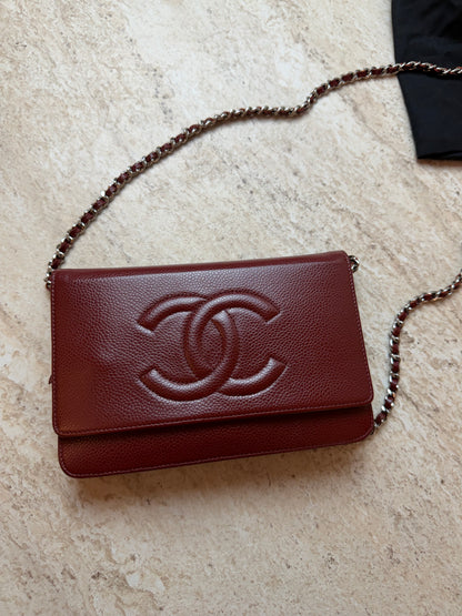 Chanel Wallet on Chain WOC Bordo Deri Zincir Askılı Çanta