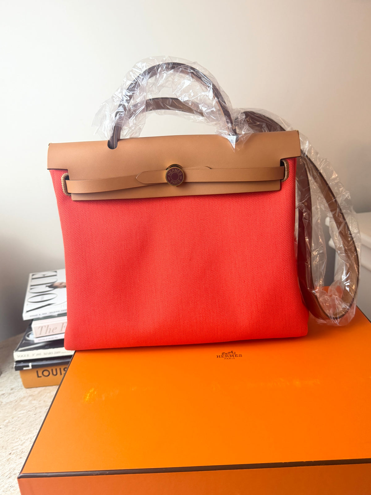 Hermès Herbag 31 Turuncu Kanvas & Kahverengi Deri Çanta
