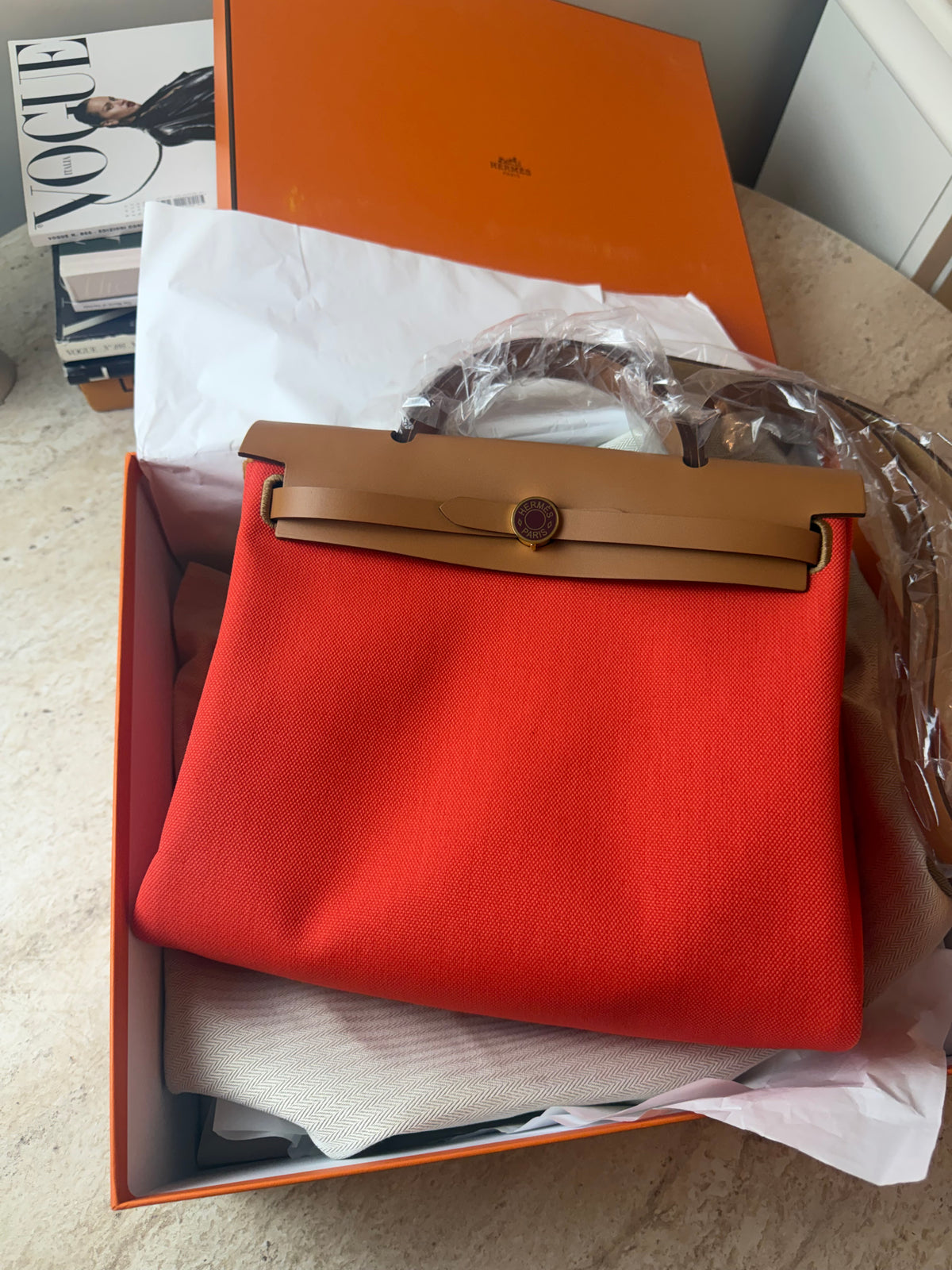 Hermès Herbag 31 Turuncu Kanvas & Kahverengi Deri Çanta
