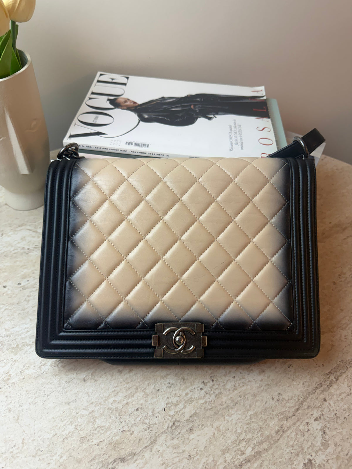 Chanel Boy Degrade Bej Siyah Kapitone Deri Çanta