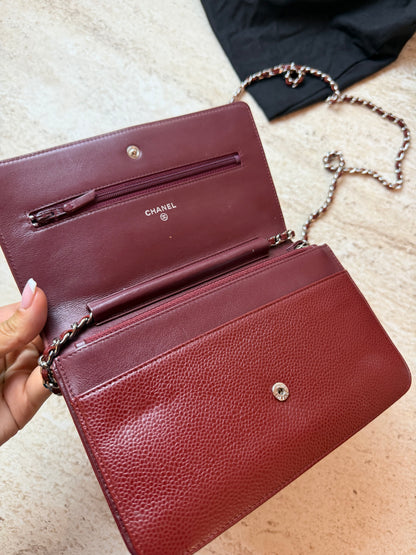 Chanel Wallet on Chain WOC Bordo Deri Zincir Askılı Çanta