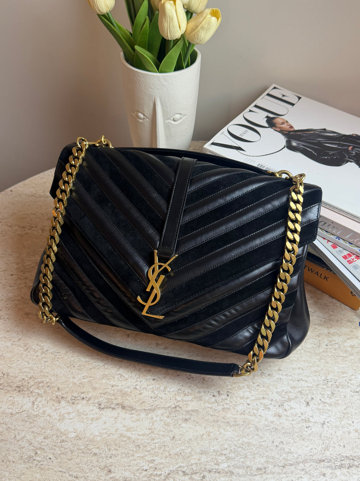 Saint Laurent YSL Loulou Siyah Deri Gold Zincir Büyük Boy Çanta