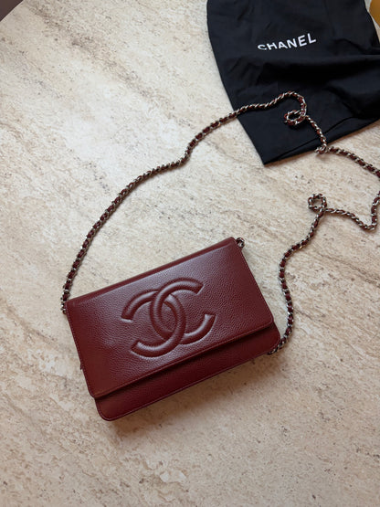 Chanel Wallet on Chain WOC Bordo Deri Zincir Askılı Çanta