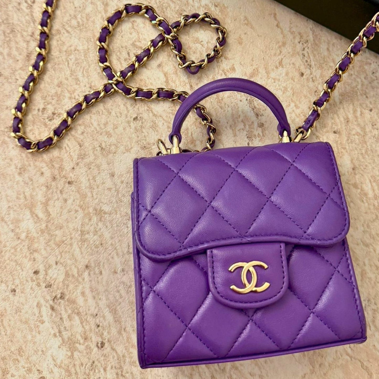 Chanel Mini Top Handle Flap Mor Deri Çanta