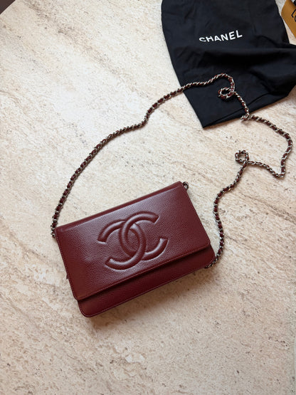 Chanel Wallet on Chain WOC Bordo Deri Zincir Askılı Çanta