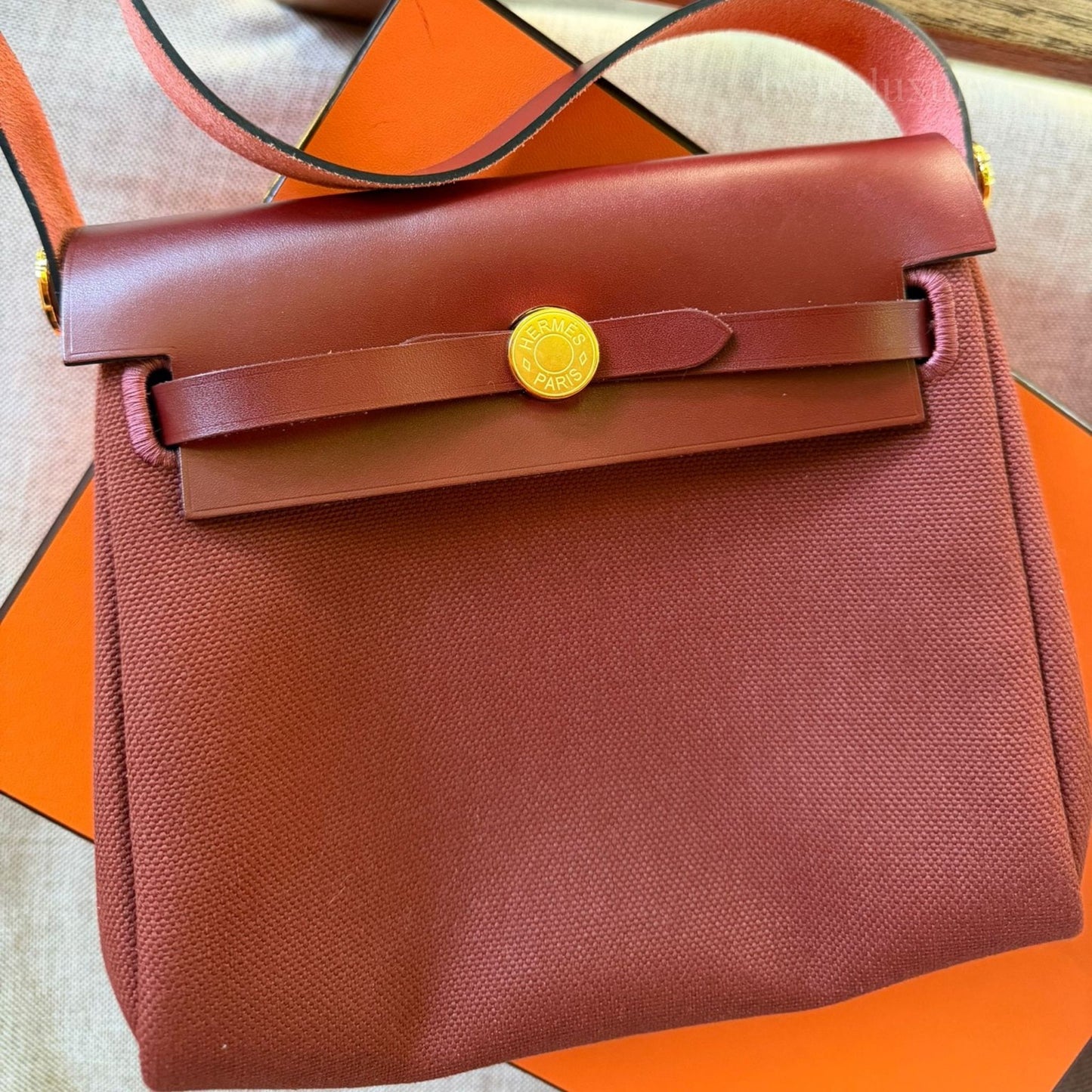 Hermes Herbag Zip 20 Mini Rouge H Toile Militaire Canvas Çanta