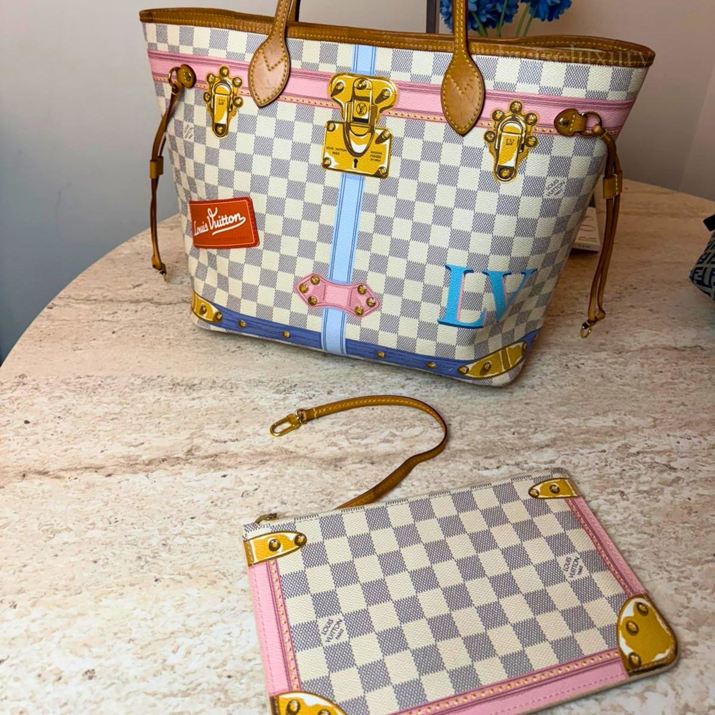 Louis Vuitton Neverfull MM Summer Trunks Damier Azur Limited Edition Çanta – Pre-Owned